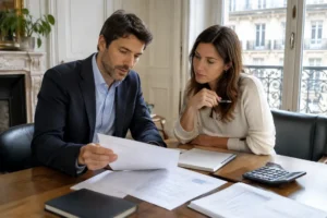 Un conseiller et son client analysent des documents financiers pour choisir un etf monétaire.