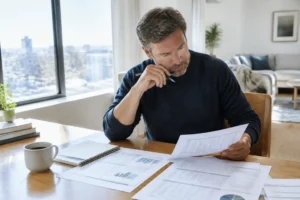 Un investisseur analyse des documents financiers sur une table en bois pour choisir un etf obligations entreprises euro.