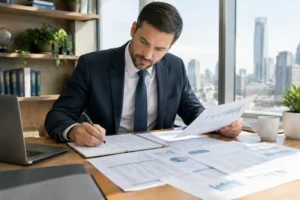 Analyse de documents financiers et etf obligations haut rendement sur un bureau lumineux.