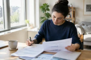 Un investisseur analyse des documents financiers concernant les etf obligations indexées inflation depuis son bureau