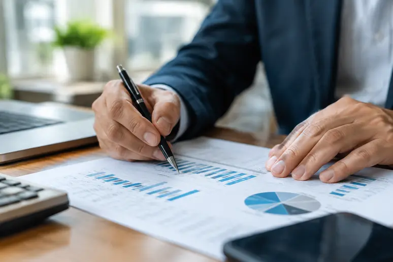 Mains prenant des notes sur un rapport de performance financière avec un stylo