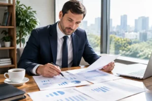 Un investisseur analyse des documents financiers sur son bureau pour choisir un etf pays émergents