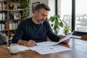 Investisseur analysant des notes financières sur une table en bois avec un etf smart beta