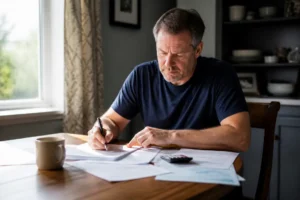 contribuable analysant des documents fiscaux pour comprendre l'imposition sur les dividendes à domicile