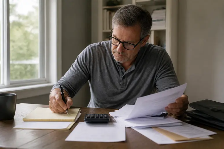 Un particulier calcule ses plafonds de versements et sa fiscalité sur des documents financiers.
