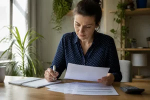 Un client consultant ses documents bancaires et ses frais de pea caisse epargne à son bureau