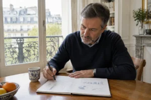Un investisseur analyse ses notes financières sur un carnet en papier pour choisir une action cyclique adaptée.