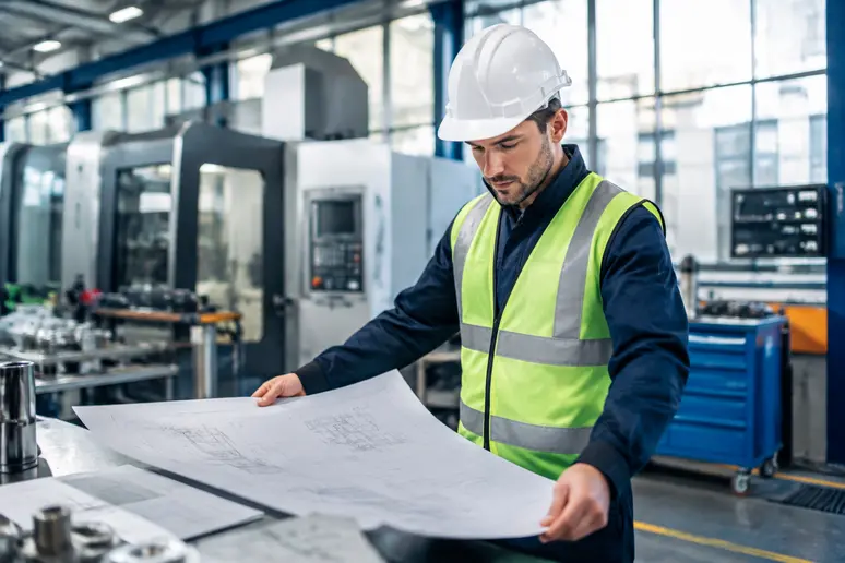 Ingénieur consultant des plans techniques dans un atelier de production moderne pour évaluer l'action de croissance
