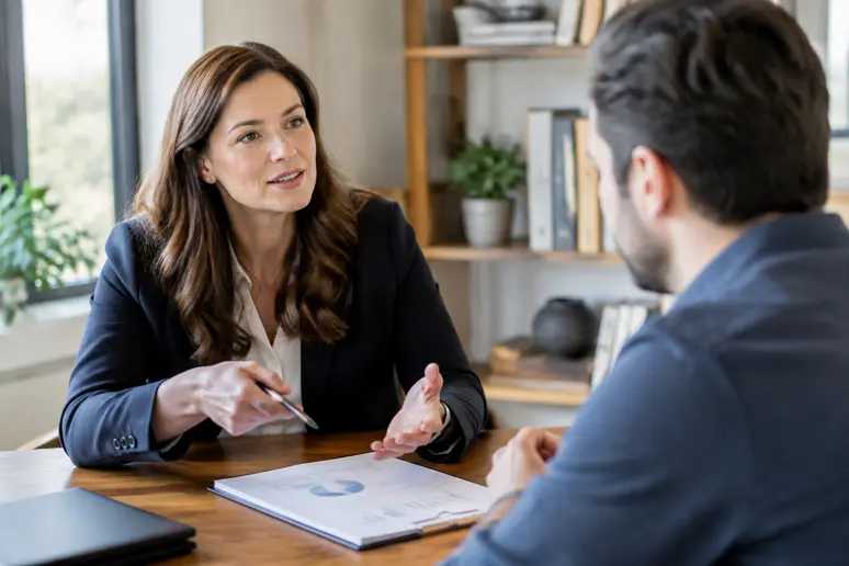 Conseiller financier analysant la stratégie d'investissement et l'action de croissance avec un investisseur