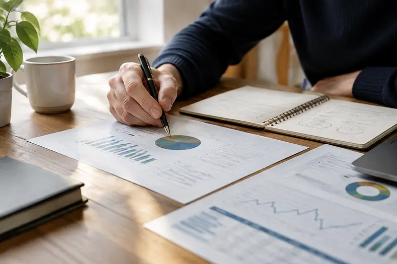 Investisseur annotant sa stratégie d'investissement et la répartition de son portefeuille boursier