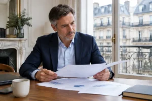 Investisseur analysant des documents financiers papier pour choisir une action défensive adaptée à son portefeuille.