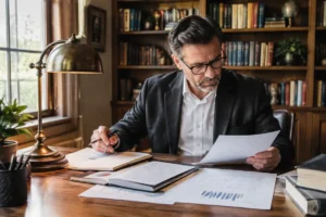 Investisseur analysant des documents financiers et un graphique papier pour identifier une action value potentielle