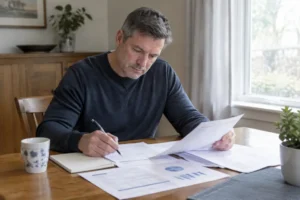 Un investisseur examine des documents financiers papier à sa table avec des actions à dividendes mensuels.