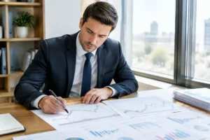 Examen minutieux de documents financiers et de tendances lors d'une analyse graphique action en bureau