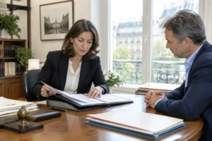 Notaire et héritier examinant des documents financiers dans un bureau lumineux pour un compte titre succession