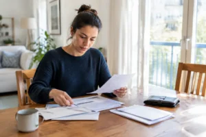 Un investisseur examine des documents financiers lors d'une démarche de pea changement de banque à domicile