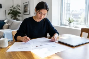Un investisseur analyse des documents financiers lors d'un pea comparatif frais à domicile.