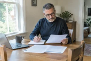 Un investisseur analyse ses documents financiers pour optimiser son pea frais de tenue de compte à domicile