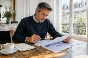 Un investisseur analyse des documents financiers pour son pea gestion pilotée depuis son salon lumineux.