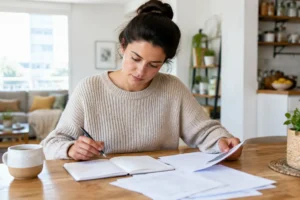 Un investisseur analyse ses documents financiers pour optimiser son pea hello bank depuis chez lui.