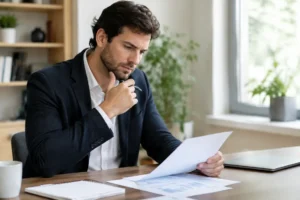 Investisseur analysant des documents financiers dans un bureau lumineux pour comprendre le fonctionnement d'un pea ordre au marché