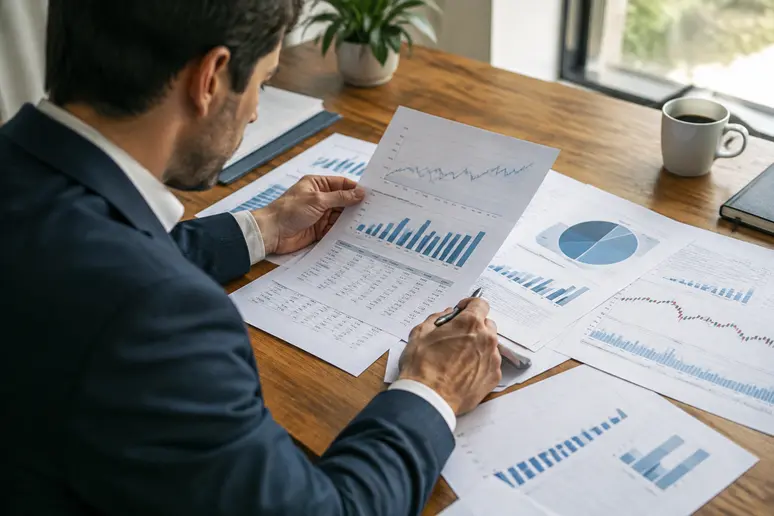 Investisseur analysant des documents boursiers pour comparer les différents types d'ordres.
