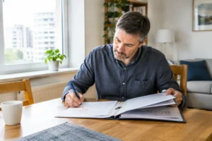 Un homme examine des documents financiers pour un pea transfert sans clôture depuis son domicile