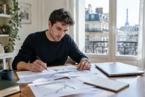 Un investisseur analyse des graphiques financiers sur papier pour sa stratégie de position trading à domicile