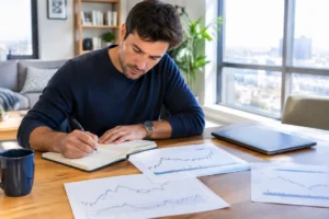 Un trader analyse des graphiques sur papier pour son price action trading