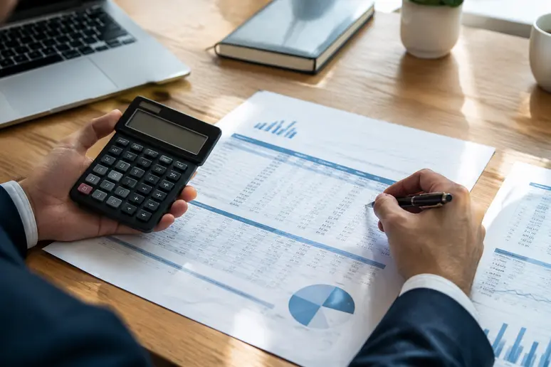 Analyste financier consultant un bilan comptable d entreprise avec une calculatrice