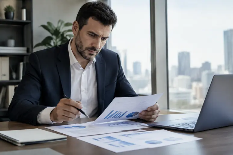 Gestionnaire d entreprise analysant les indicateurs financiers et le ratio d endettement