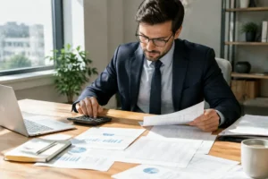 Un analyste étudie les documents financiers pour calculer le ratio endettement entreprise sur un bureau en bois.