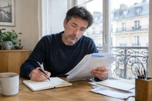 Un investisseur analyse des documents administratifs papier lors d'un transfert compte titre depuis chez lui