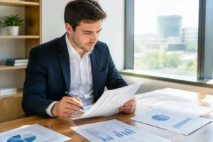 Un analyste étudie les données d'une entreprise pour sa valorisation action au bureau.